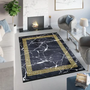Tappeto Toscana con Frange Nero Cornice Oro