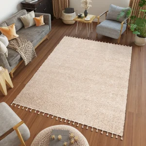 Tappeto Boho con Frange Beige Shaggy
