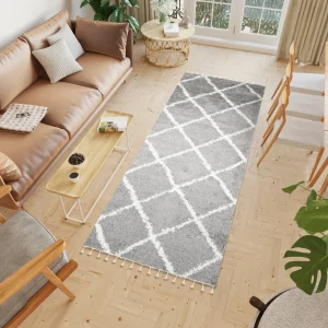 Tappeto Passatoia Boho con Frange Grigio Rombi Shaggy