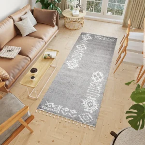 Tappeto Passatoia Boho con Frange Grigio Etnico Shaggy